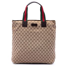 Tote Vertical Gucci em Lona GG Bege com Web Bege