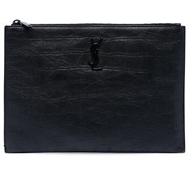 Porta-documentos Saint Laurent em couro com relevo de crocodilo preto e monograma Preto