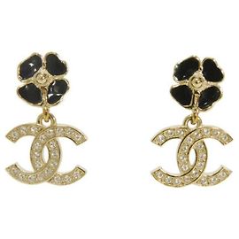 Boucles d'oreilles Chanel Camellia Crystal Drop Noir Doré