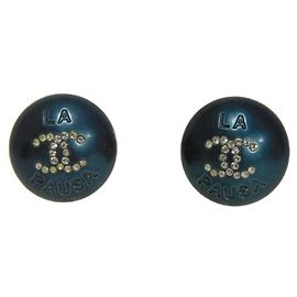 Chanel La Pausa Coco Mark Round Crystal Rhinestone Stud Earrings Blue
