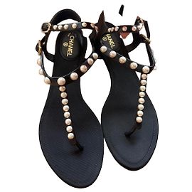 Chanel Pearl Embellished Black Leather T-Strap Sandals Black