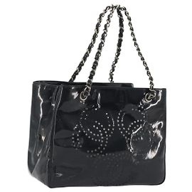 CHANEL Chain Tote Bag Lackleder Schwarz Silber CC Auth BA14897 Schwarz Silber