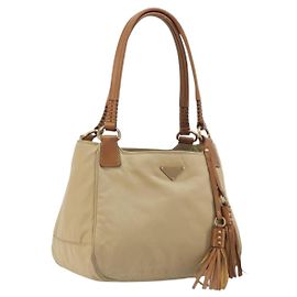 Saco Tote PRADA Nylon Bege Gold Auth 195771V Bege Dourado