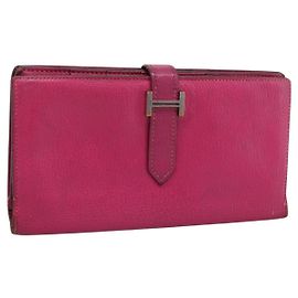 Hermès Portefeuille HERMES Bearn Soufflet en cuir rose authentique BA15253 Rose