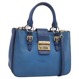 Bolsa de mão Miu Miu em couro 2way azul tom dourado Auth 198631A Azul Outro