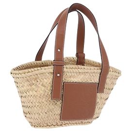 LOEWE Basket Bag Hand Bag Raffia Beige Silver Auth BA15075A Silvery Beige