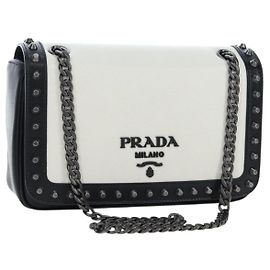 PRADA Chain Shoulder Bag Leather White Silver Auth 195508V Silvery White