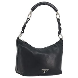 PRADA Hand Bag Leather Black Silver Auth 197326V Black Silvery
