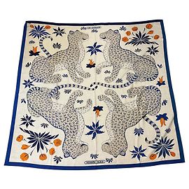 Hermès Hermes Natural / Blue / Orange Les Leopards Large Cashmere and Silk Scarf Multicolore