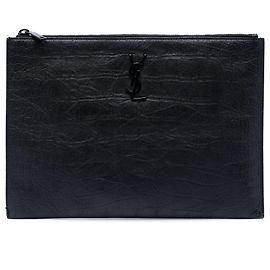 Black Saint Laurent Croc Embossed Leather Monogram Document Holder Clutch Bag Black