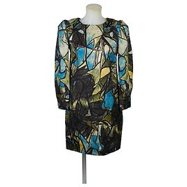 Vestido Marni de seda e lã com estampa abstrata Marrom Preto Azul Verde Amarelo