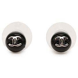 Chanel Coco Mark Round Stud Earrings Black Silvery