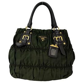 Prada Tessuto Gathered Nylon Leather Handbag Brown Khaki