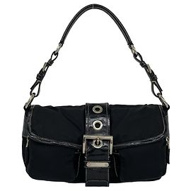 Prada Triangle Logo Hardware Embossed Leather Tessuto Nylon Semi Shoulder Bag Black