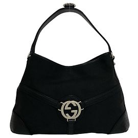 Bolsa Semi One Shoulder em lona e couro com ferragens Interlocking G Gucci Preto