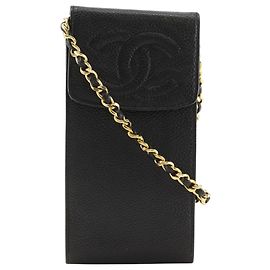 Bolsa de Ombro Pochette Chanel em couro de bezerro granulado preto com corrente Preto