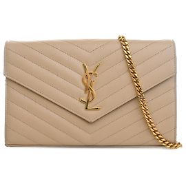Saint Laurent Beige Grain De Poudre Chevron Classic Cassandre Chain Wallet Beige