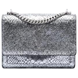 Saint Laurent Silver Medium Python Embossed Leather Monogram Sunset Crossbody Silvery