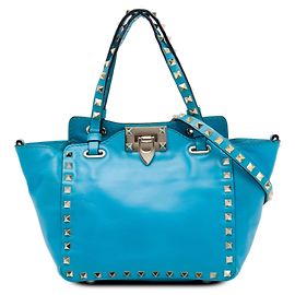 Borsa Satchel Trapeze Rockstud in pelle blu mini Valentino Blu Blu chiaro