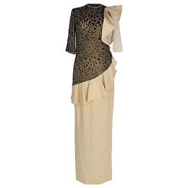 Alessandra Rich Leopard Patterned Ruffled Maxi Dress in Cream Silk White Cream