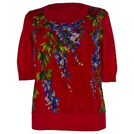 Dolce & Gabbana Kurzarm-Stricktop mit Glyzinien-Print aus roter Seide Rot