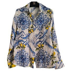 Autre Marque Camisa de lino Sartoria Saracena estampado limones y azulejos Blanco Azul Amarillo
