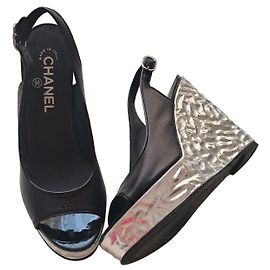 Chanel Black Leather Silver Wedge Sandals Black Metallic