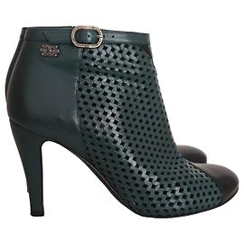 Chanel Perforated Leather Ankle Boots - Green & Black Black Green