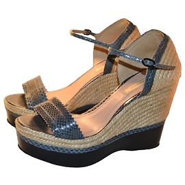 Nina Ricci Sandales Compensées en Cuir Bleu Marron Bleu