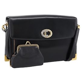 Bolsa de Ombro Christian Dior em Couro de Bezerro Preto Tom Dourado Auth 196419A Preto Outro