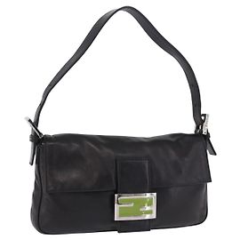 Bolsa de Ombro FENDI Mamma Baguette em Couro Preto e Prata Auth 198301SAM Preto Prata