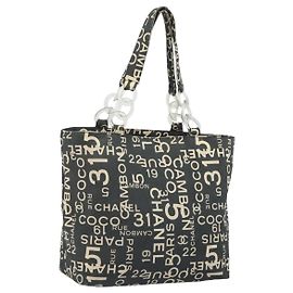 Borsa Tote CHANEL Vichy Line in tela nera e argento CC Auth 198686 Nero Argento