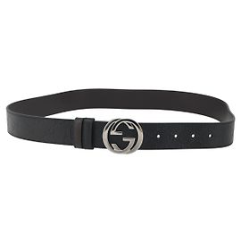 GUCCI GuccissimaGG Interlocking G Belt Leather Black Silver 473030 Auth BA15074V Black Silvery