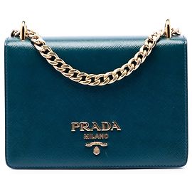 Bolsa Tiracolo Mini Saffiano com Aba e Corrente Prada Azul Azul