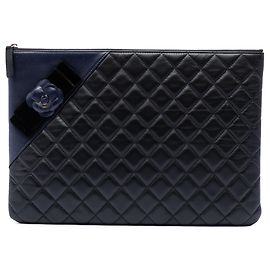 Black Chanel Large Quilted Lambskin Camellia O Case Clutch Black