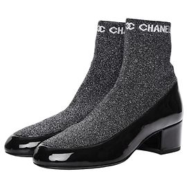 Chanel Glitter Mesh and Patent Leather Sock Boots Black