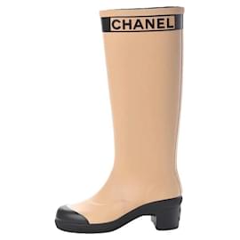 Chanel Rubber Rain Boots Beige and Black Black Beige