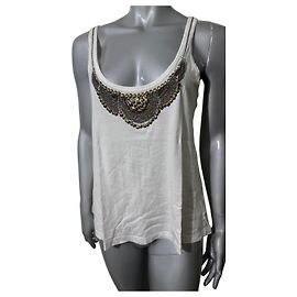 Maje Pearl and Chain Embellished Tank Top - Off-White White Metallic