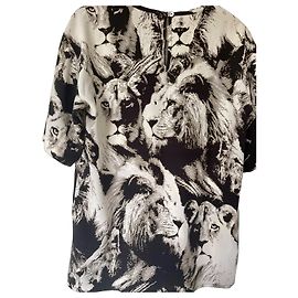 Roberto Cavalli Lion Print Silk Blouse Black White Dark brown