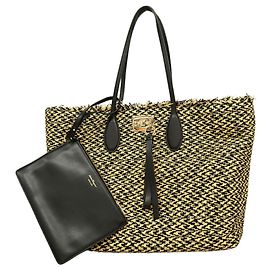 Salvatore Ferragamo Gancini Straw Tote Bag Black Beige
