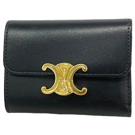 Céline Celine Triomphe Leder Tri-fold Geldbörse Schwarz