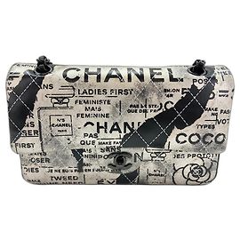 Chanel Newspaper Logo Print Classic Flap Graffiti Pattern Shoulder Bag Black