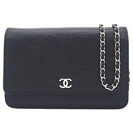 Chanel Black CC Embossed Lambskin Camellia Wallet On Chain Black