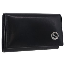 GUCCI Interlocking Key Case Leather Black Silver 115225 Auth am12352V Black Silvery