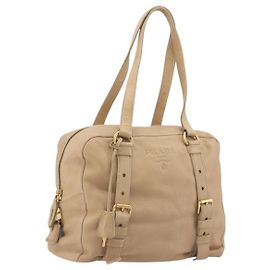 PRADA Tote Bag Vittero Dino Leather Beige Gold Auth 194855A Beige Golden