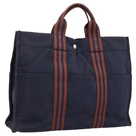 Hermès Borsa HERMES Fourre Tout MM in cotone blu navy argento Auth BA15062 Argento Blu navy