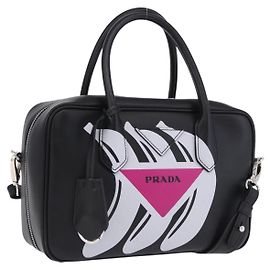 Bolsa de mão PRADA em couro 2way Preta Prata Auth ka5717M Preto Prata