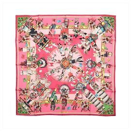 Hermès Carré 90 "Kachinas" Lenço de seda em Rosa Rosa