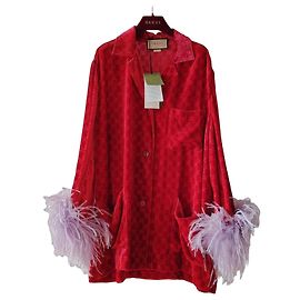 GUCCI GG devoré velvet jacket red with feathers Red