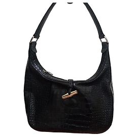 Longchamp Crocodile-Effect Leather Shoulder Bag - Black Black